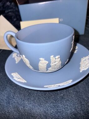 Wedgwood Blue Jasperware Teacup and Saucer with White Relief